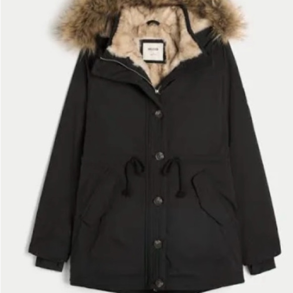 2 Hollister Black Fur-Trimmed Ski Jackets (Men’s and Women’s) Selling as a set.